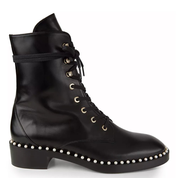Stuart Weitzman Sondra Faux Pearl-Embellished Leather Combat Boots - Picture 1 of 5